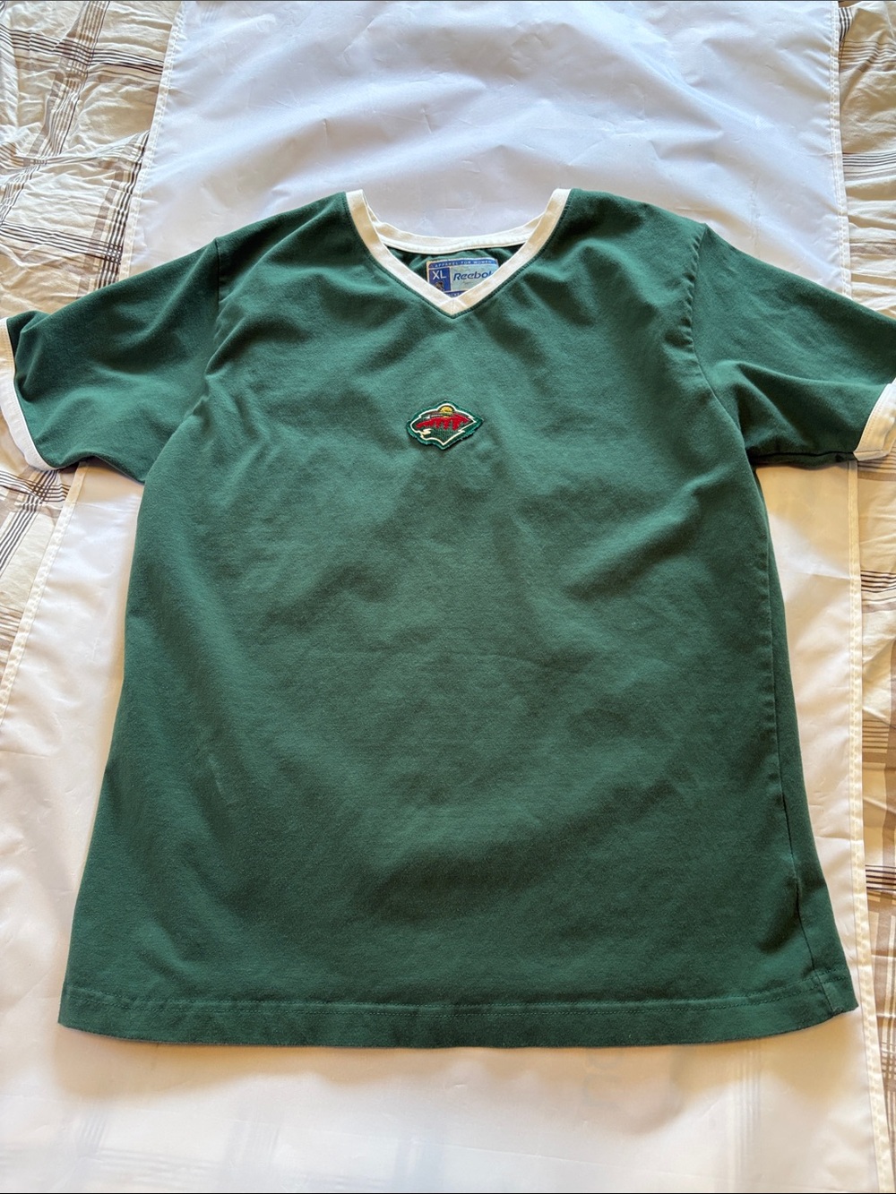 Vintage Reebok Dark Green Wild hockey V-Neck Tee with White Trim